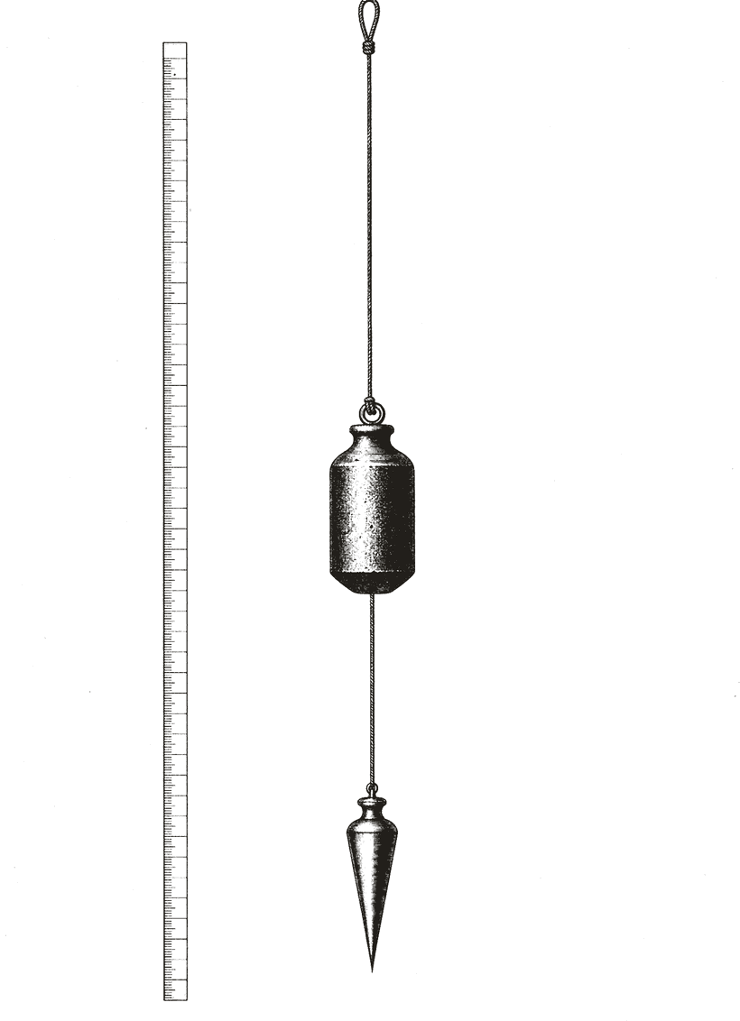 Engraving of a sounding lead hanging from a marked line beside a graduated scale.